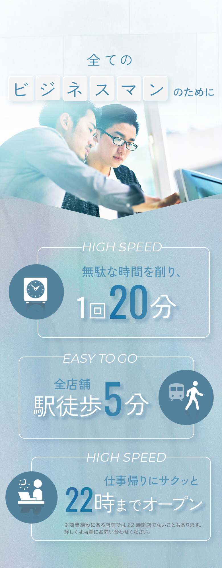 全てのビジネスマンのために。無駄な時間を削り、１回２０分。全店舗駅徒歩５分。仕事帰りにサクッと２２時までオープン。