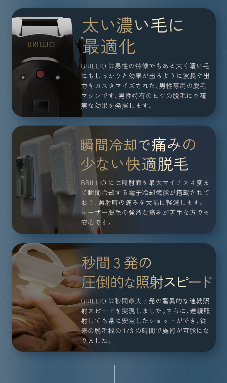 太い濃い毛に最適化、瞬間冷却で痛みの少ない快適脱毛、秒間3発の圧倒的な照射スピード