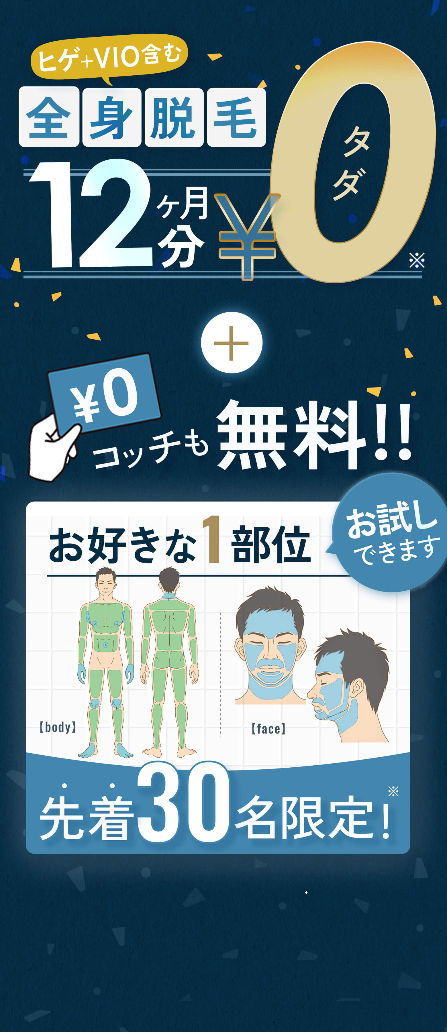 全身脱毛12ヵ月分0円＋お好きな1部位無料お試し実施中！