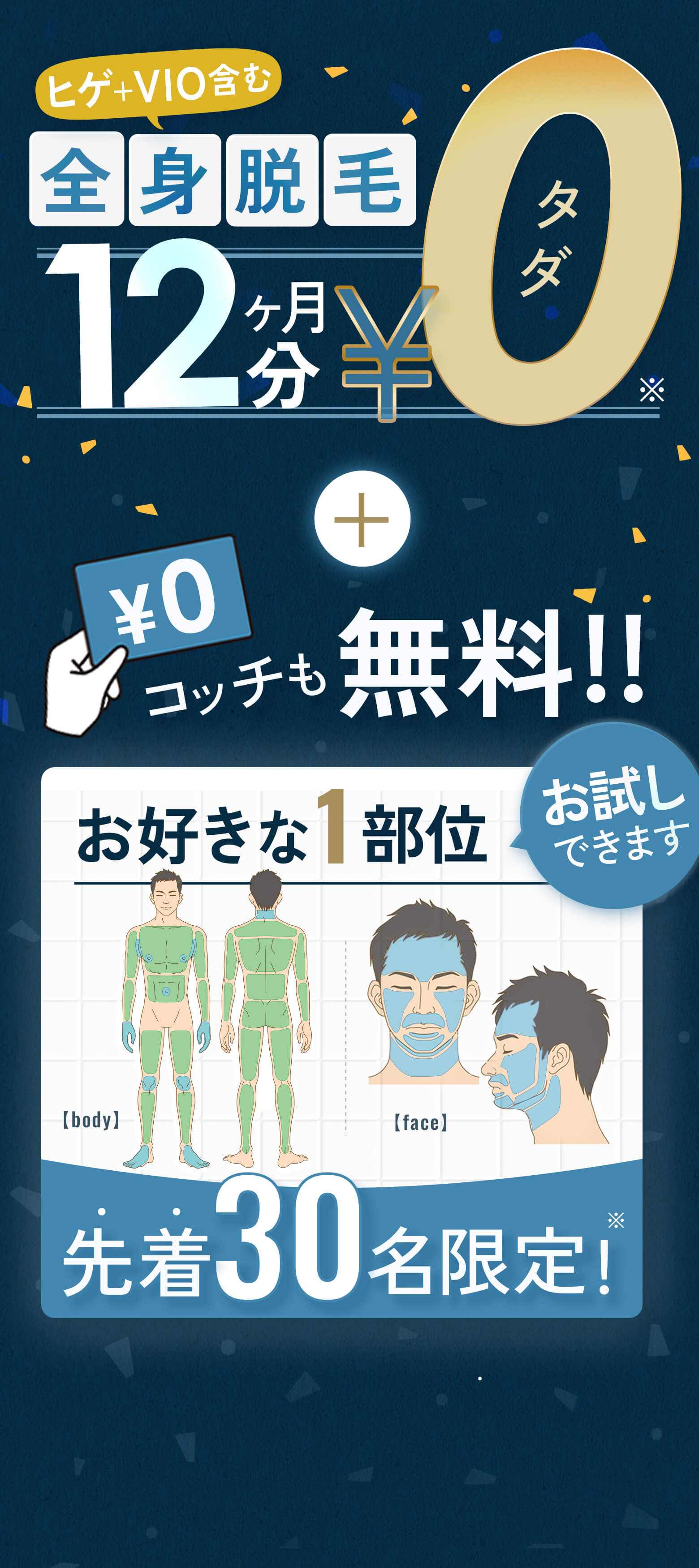 全身脱毛12ヵ月分0円＋お好きな1部位無料お試し実施中！